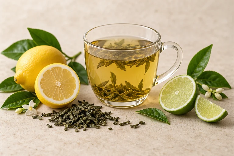 Citrus green tea with tea leaves and citrus slices.
