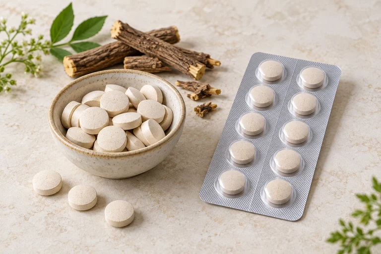 DGL咀嚼片、甘草根段与泡罩包装。