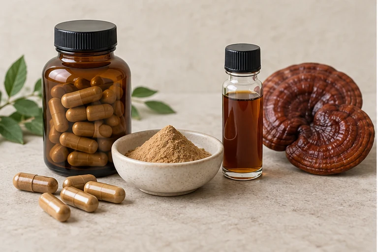 Reishi extract capsules with tan powder and a sample vial.