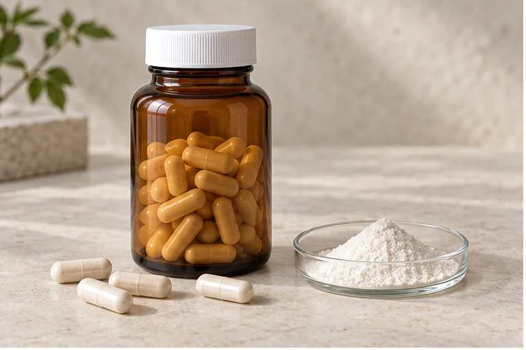 Resveratrol dry capsules with an amber container and white powder.