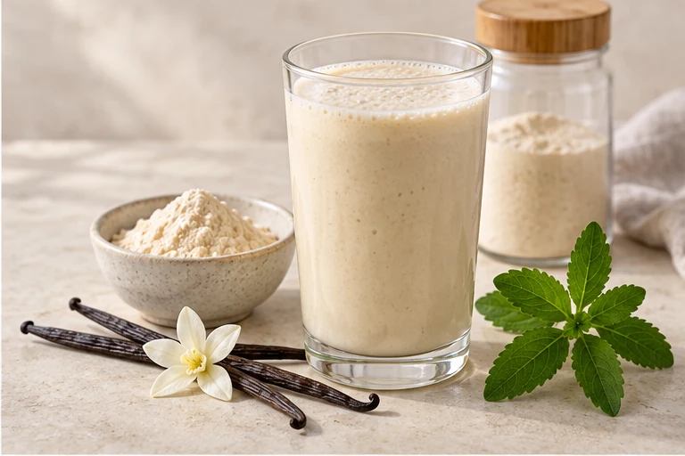 Stevia vanilla protein drink with protein powder and vanilla pods.