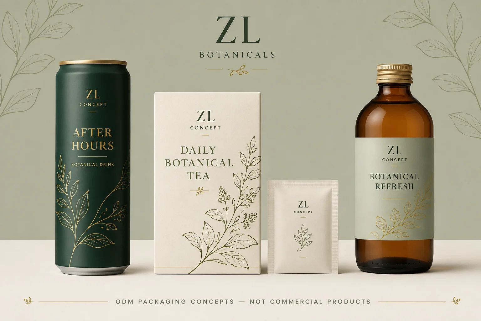 植物饮品包装概念示意:绿色罐、米白色茶盒与琥珀色瓶,非实际商品。